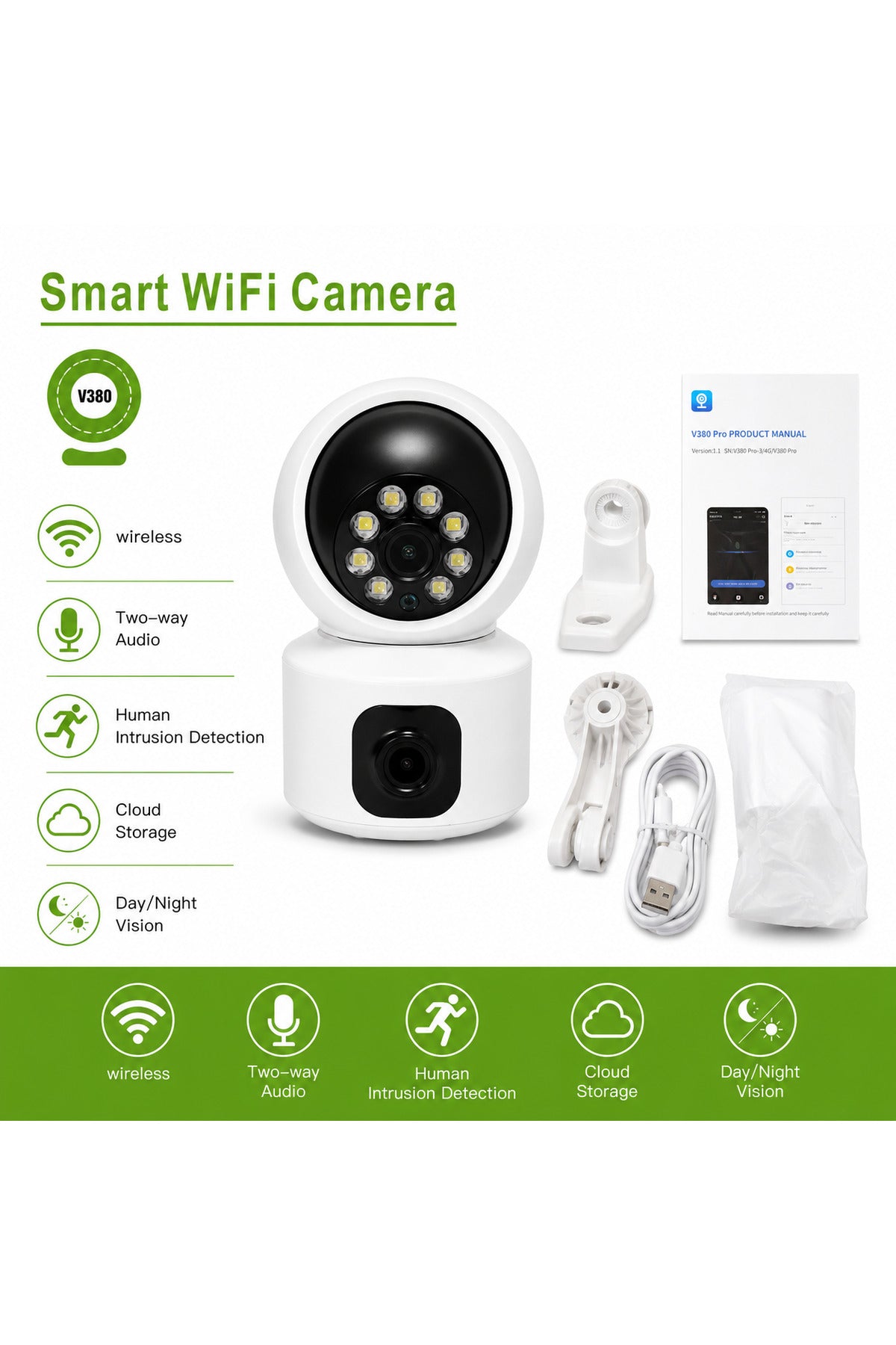 Pro Dual Lens Smart WiFi Indoor Camera 2MP HD Home Monitoring Camera with Pan Tilt Rotation, Two Way Audio V380