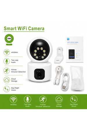 Pro Dual Lens Smart WiFi Indoor Camera 2MP HD Home Monitoring Camera with Pan Tilt Rotation, Two Way Audio V380