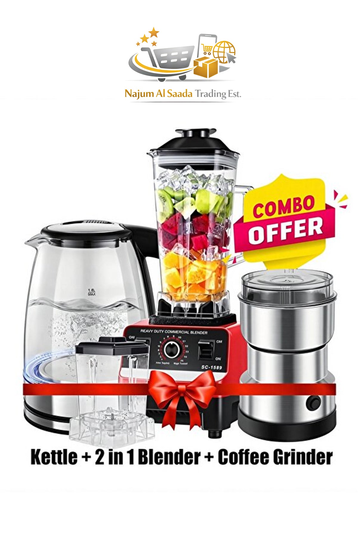 3 COMBO Set 5500W High Speed Blender 2.5L with Grain Grinder + 50g Coffee Grinder +1.8L Glass Kettle