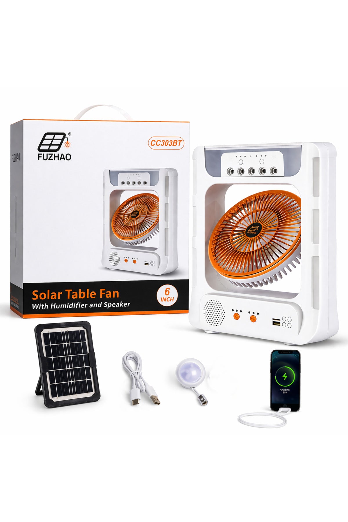 Fuzhao 6-Inch 4-in-1 Solar Table Fan with Humidifier, Bluetooth Speaker & LED Lamp CC303BT