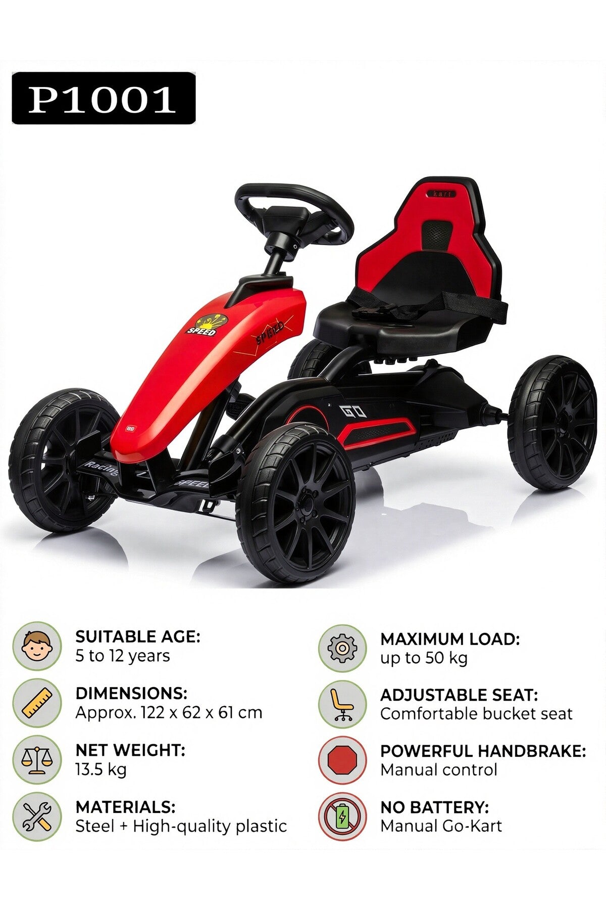 Kids Pedal Go Kart Car No Battery Manual Kart Adjustable Seat Hand Brake Car for Children P1001
