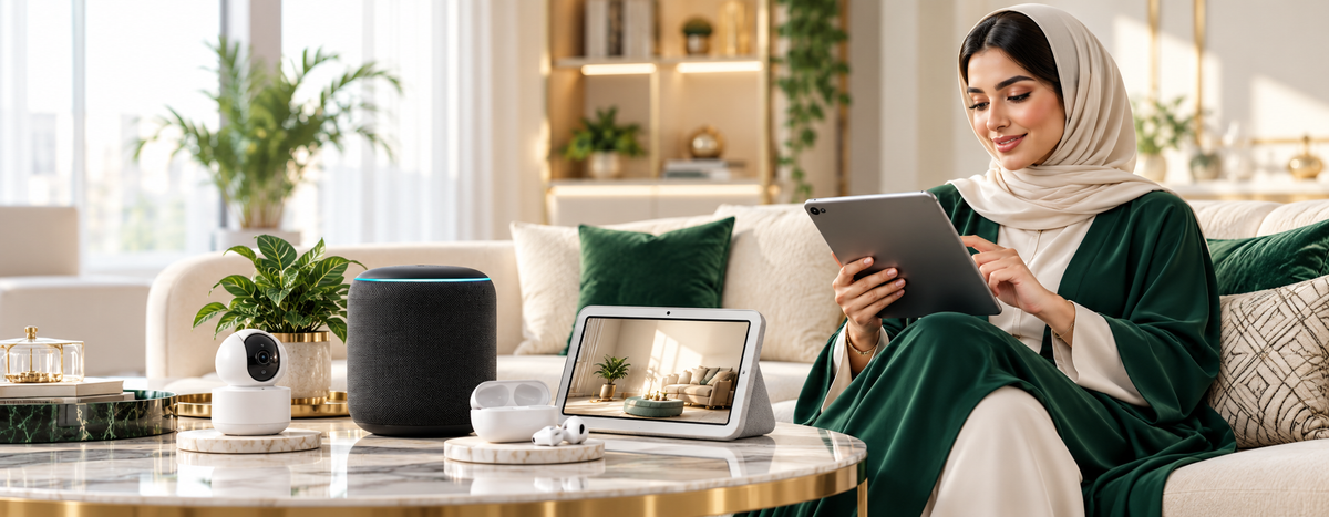 Woman using smart home electronics