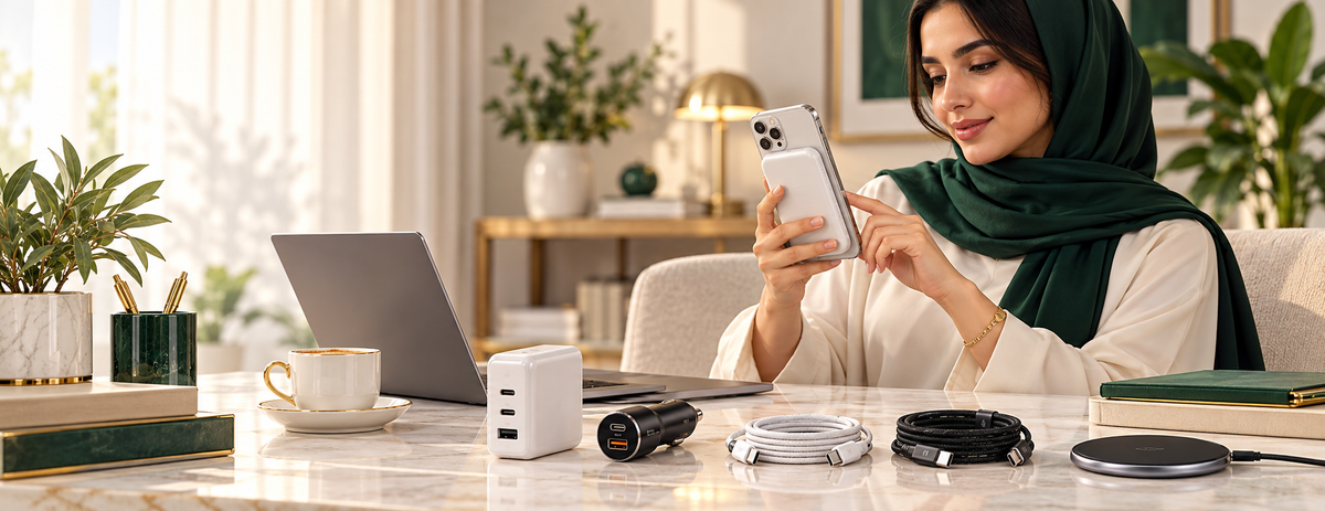 Woman using phone and power charging accessories