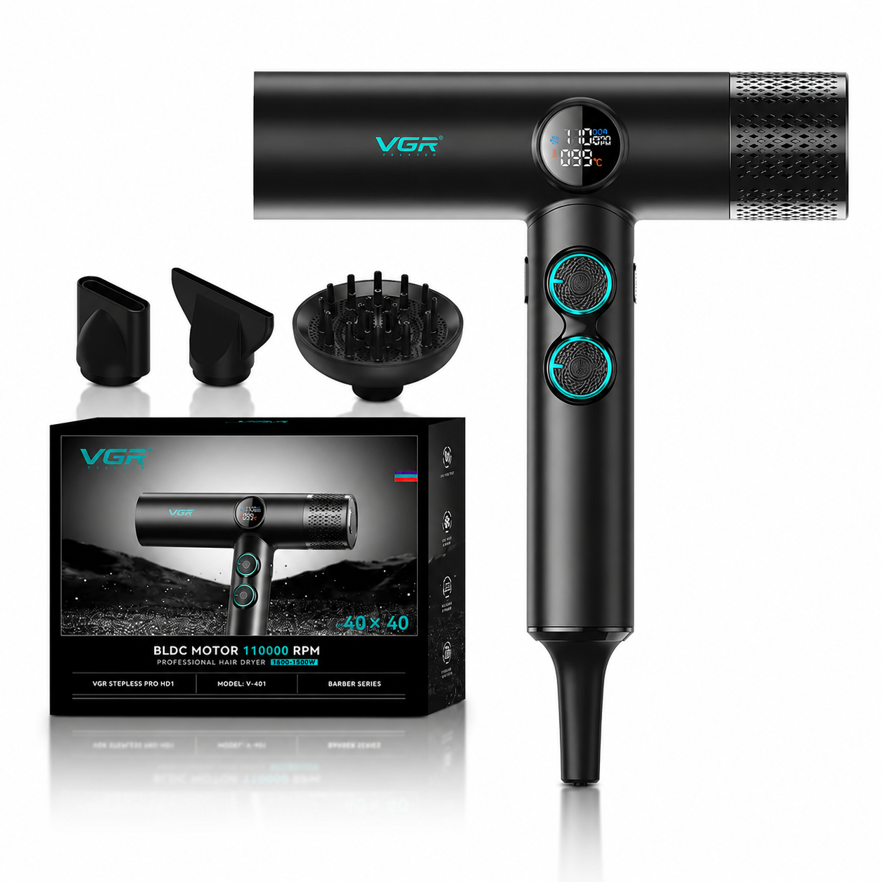 V-401 is a PREMIUM Hair Dryer with Heat Control from 40Â°C to 100Â°C & High-speed Motor - 110,000 RPM