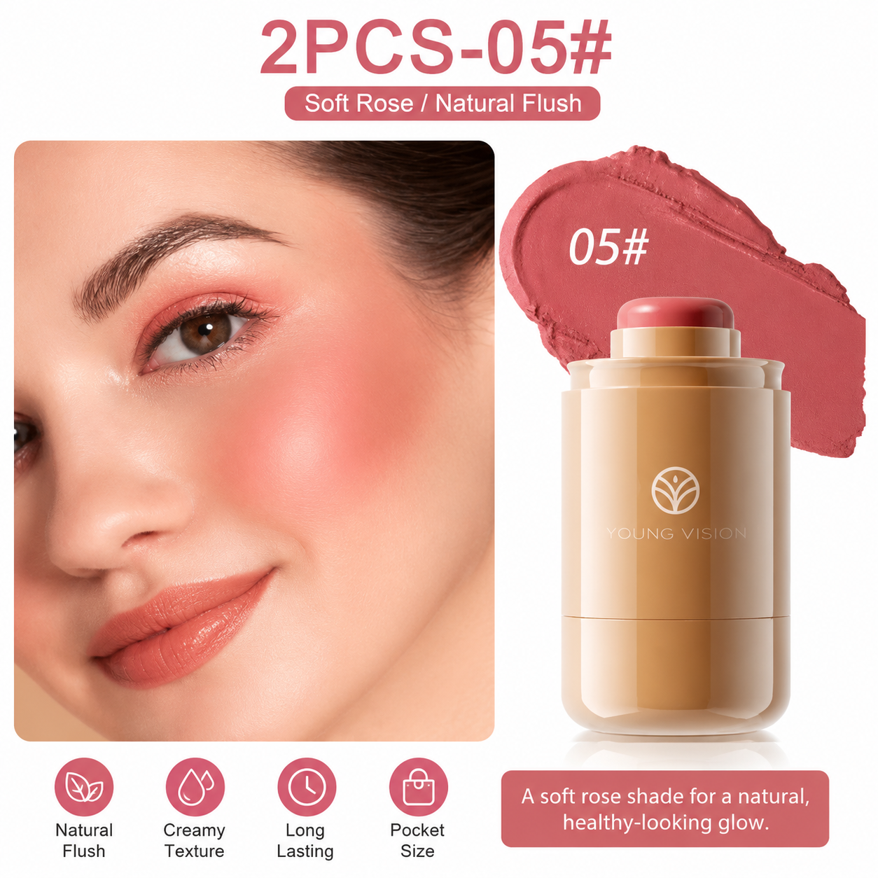 2 PCS Blush Stick, Pocket Blush Hydrating Cream Blush Stick, Face Makeup Blush Stick , Shades 05# & 06#
