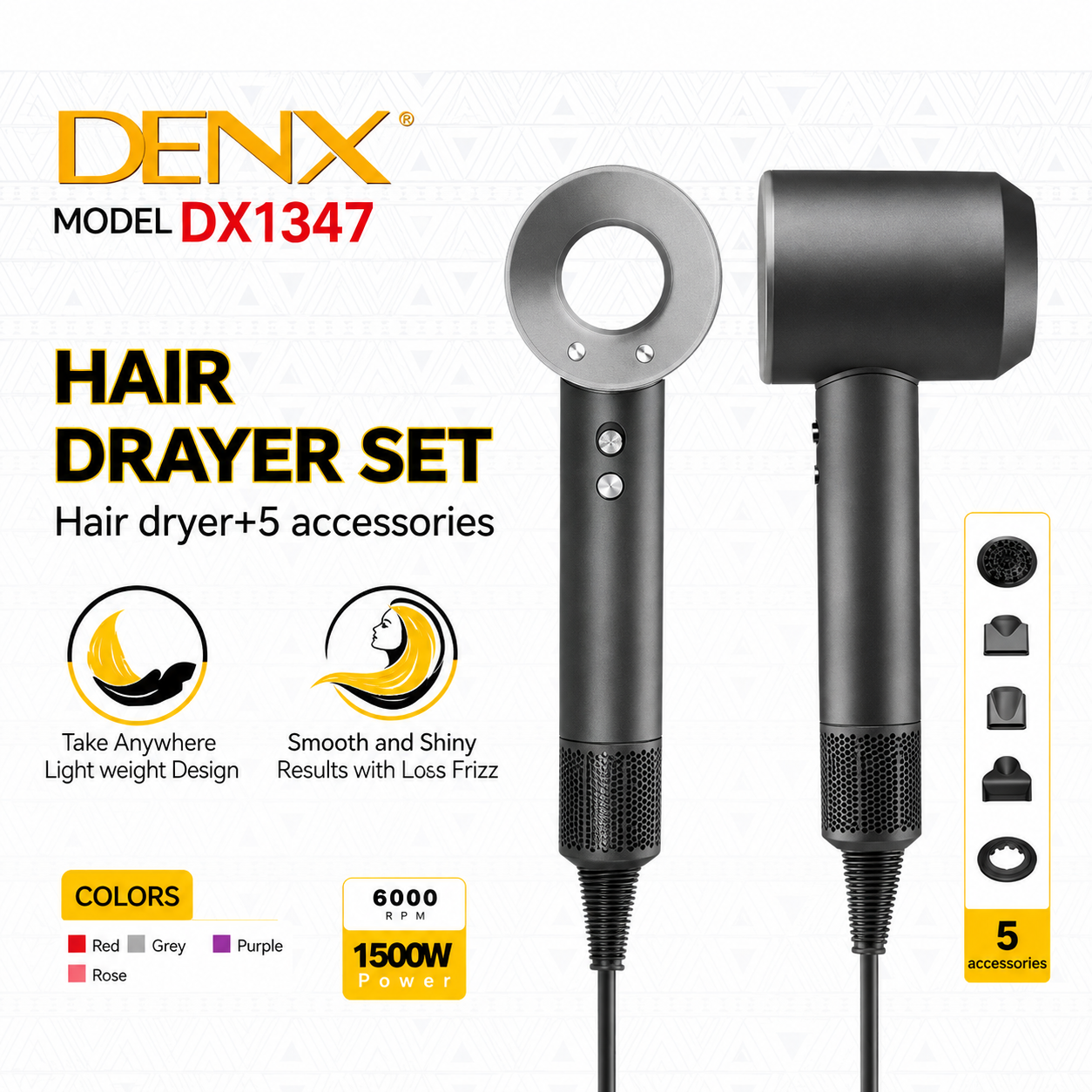 High Speed Ionic Hair Dryer, 6000 RPM, 1500W Power and 5 Different Heads, DX1347