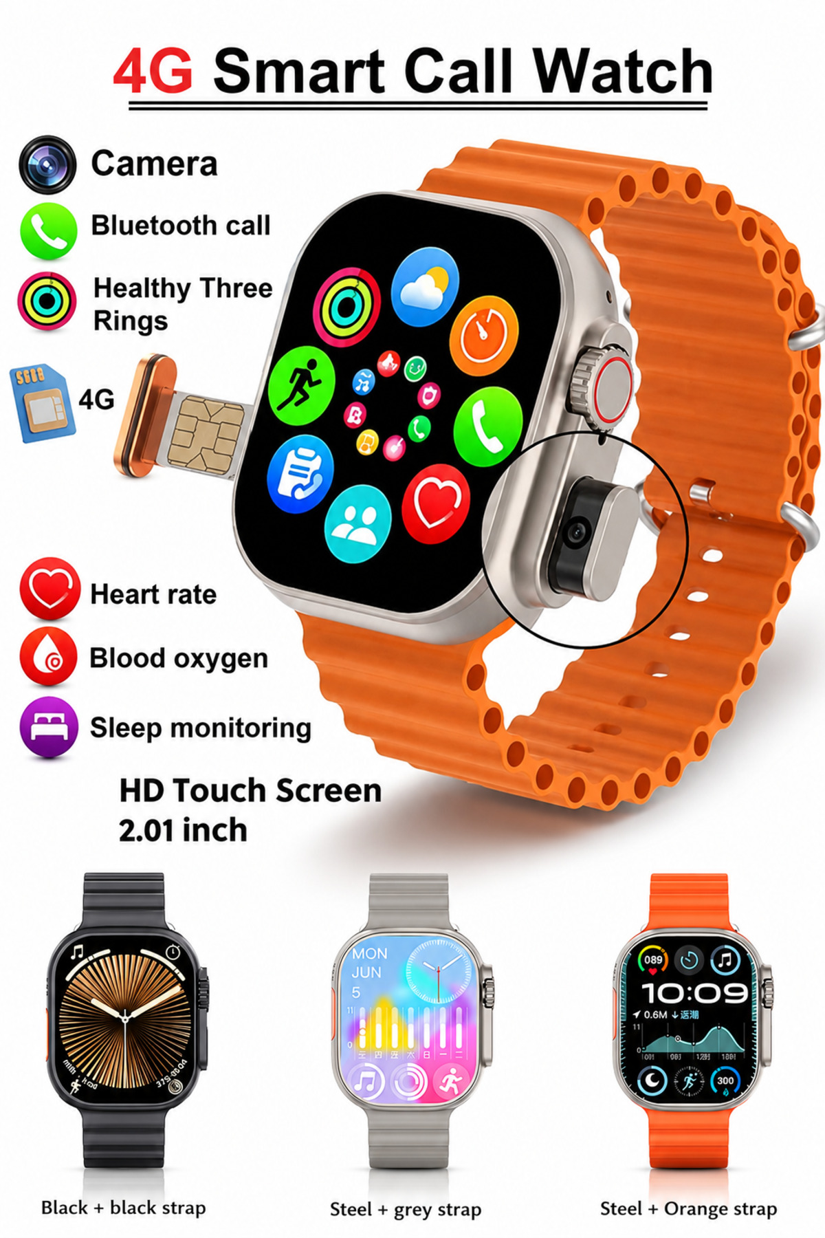 4G Smart Watch with Camera, SIM Card Calling, Bluetooth Call, Health Fitness Tracker, 2.3 Inch HD Touch Screen, Heart Rate Sleep Monitor, Wireless Charging Smartwatch for Android & iOS