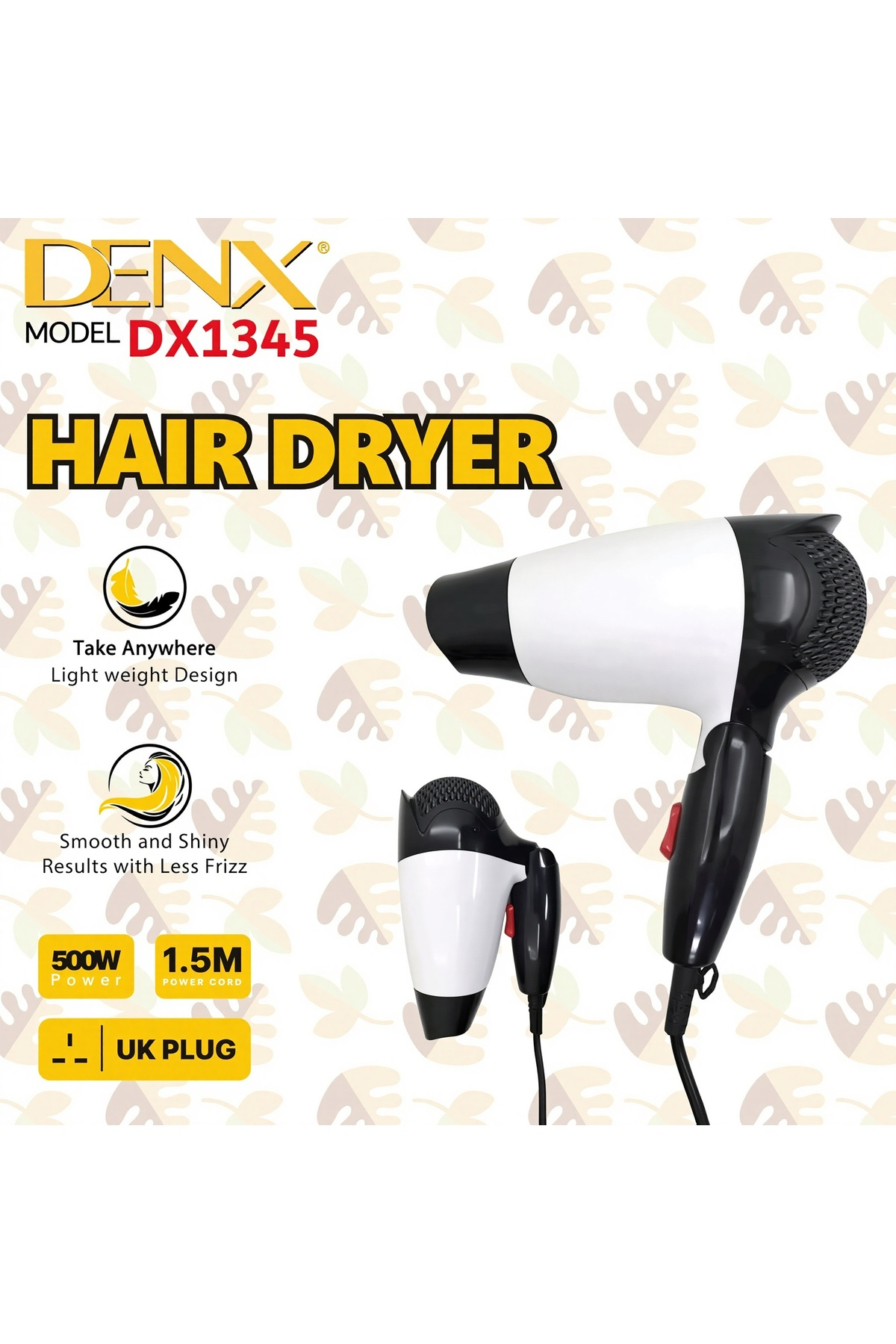 500W Folding Hair Dryer, Make shiny and smoothy with Less frizz DX1345