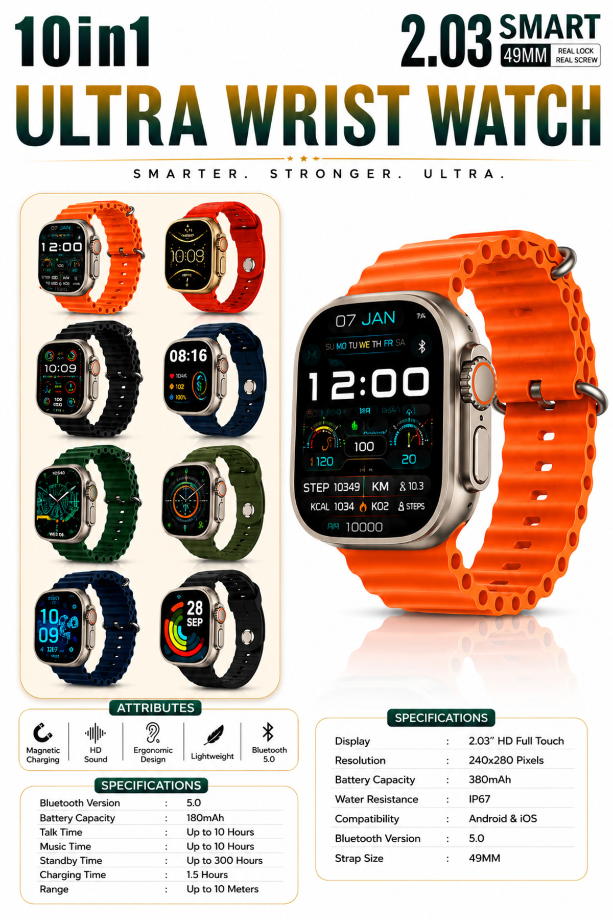 10-in-1 Ultra 3 Wrist Smart Watch, Bluetooth calling smartwatch With 10-in-1 Strap Bundle for Android & iOS, IP67 Waterproof, Magnetic Charging, 49MM Sports Watch