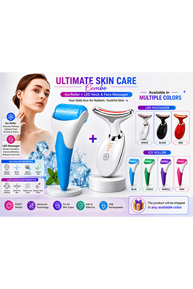 2-in-1 Beauty Care Combo Set LED Face & Neck Massager with 3 Color Light Therapy & Cooling Ice Roller (Multi Color)