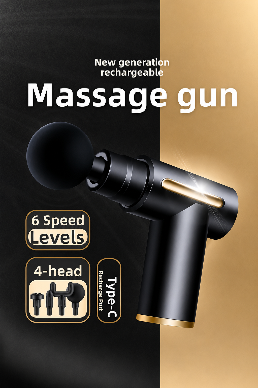 Rechargeable Mini Massage Gun, Portable Deep Tissues Muscle Massager Gun with 4 Heads, 6 Speeds, Type-C Charging & 1800mAh Battery Electric Handheld Body Massager For Back Neck Pain Relief