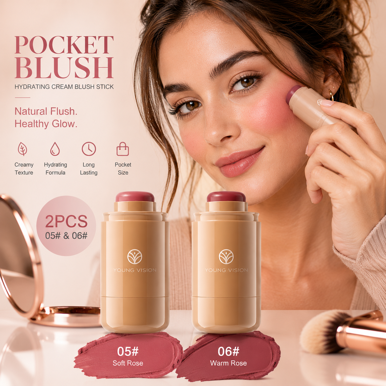2 PCS Blush Stick, Pocket Blush Hydrating Cream Blush Stick, Face Makeup Blush Stick , Shades 05# & 06#