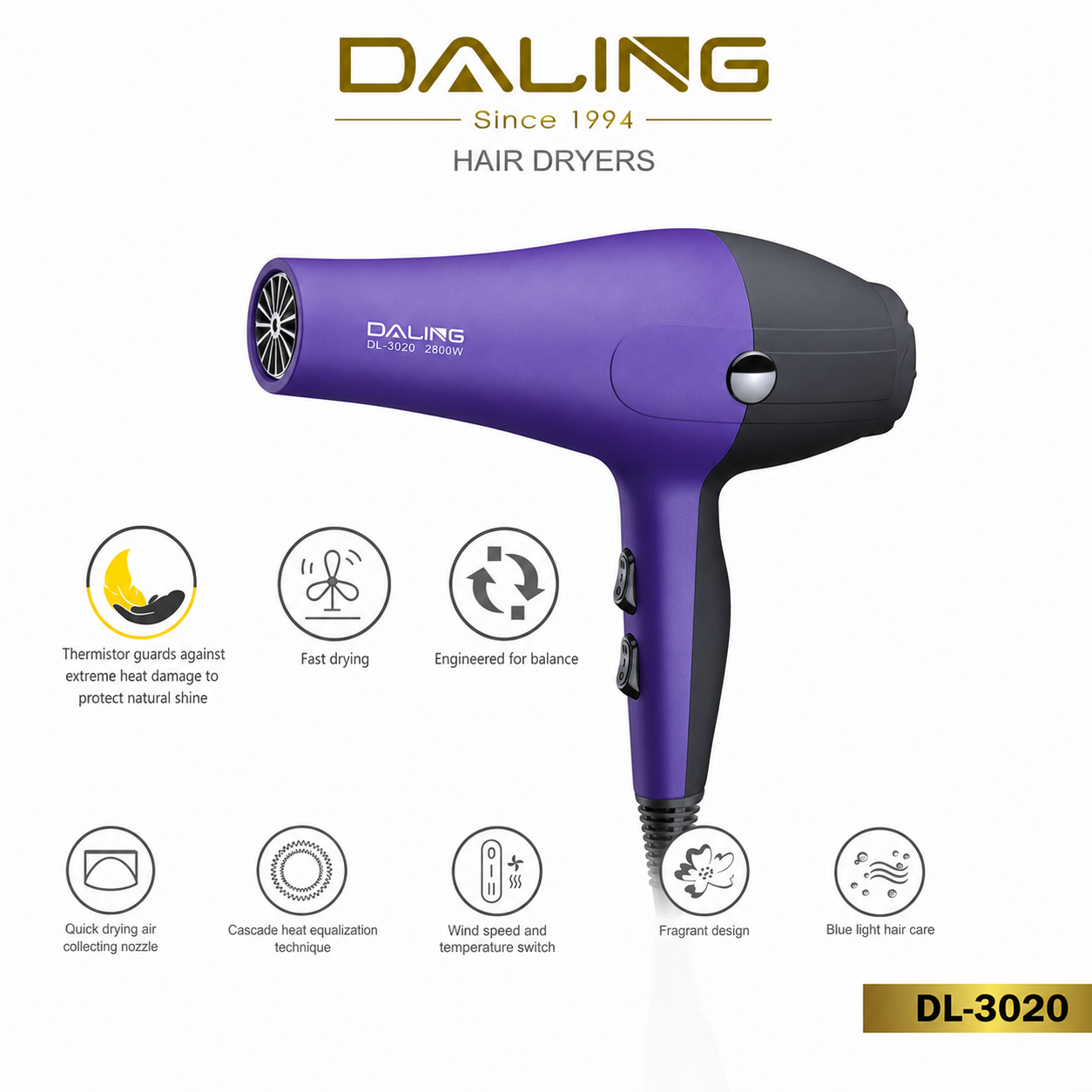 DALING Professional Hair Dryer, 2800W Fast Drying Hair Dryer with 3 Heat Settings, 2 Speed Modes, Lightweight Salon Blow Dryer DL-3020