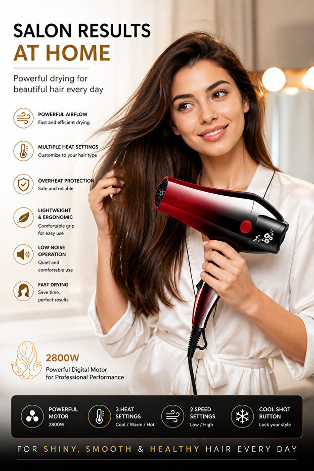 DALING Professional Hair Dryer 2800W, Fast Drying Hair Dryer with 3 Heat Settings, 2 Speed Controls, Constant Temperature Hair Care Red & Black DL-3017